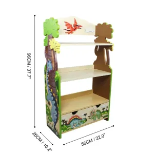 Blaues Kinderbücherregal mit Dinosaurier-Motiv und Stauraum für das Kinderzimmer.