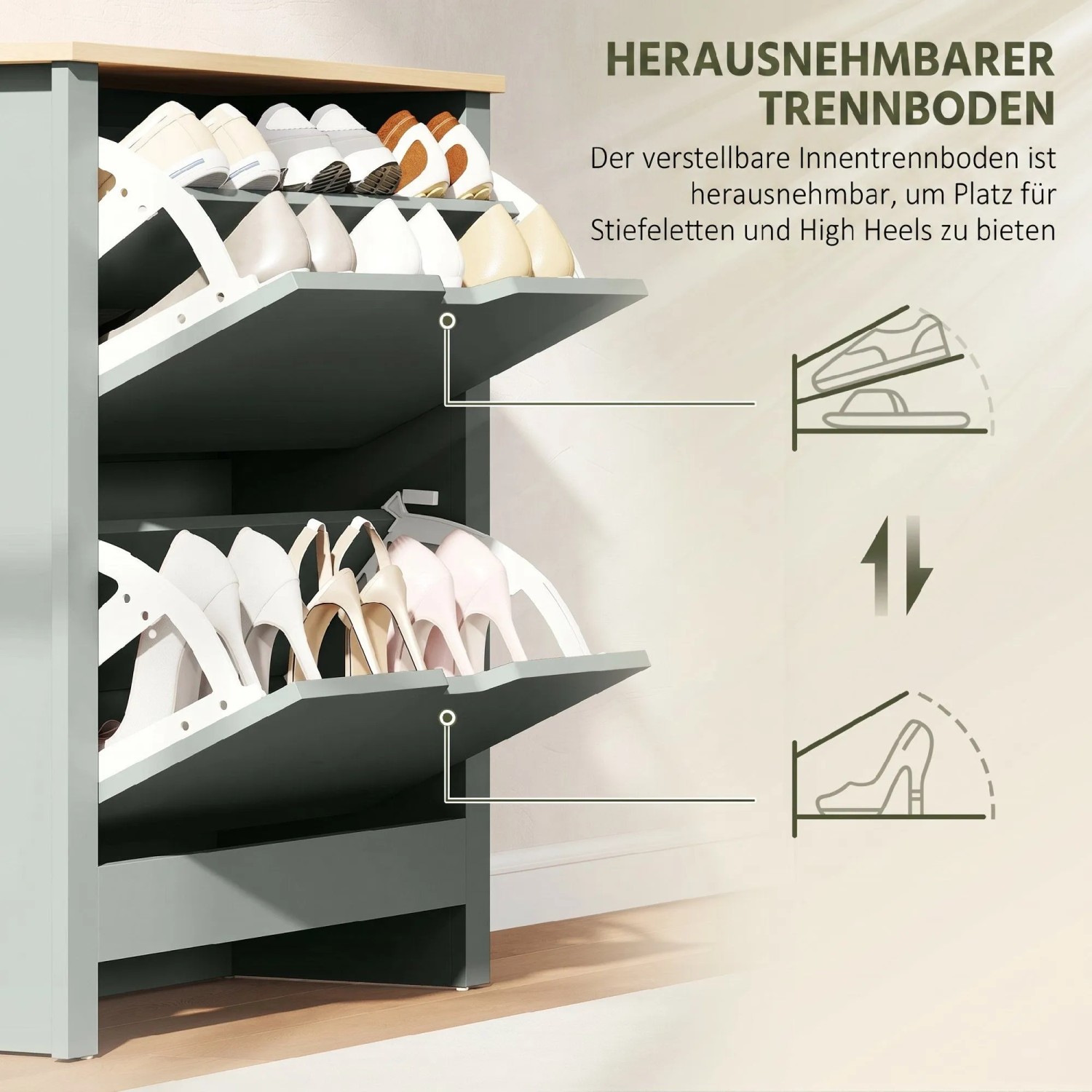 HOMCOM Schuhschrank, hellgrau, mit zwei Klappfächern. Verstellbarer Trennboden für Stiefel und High Heels. Spanplatte.