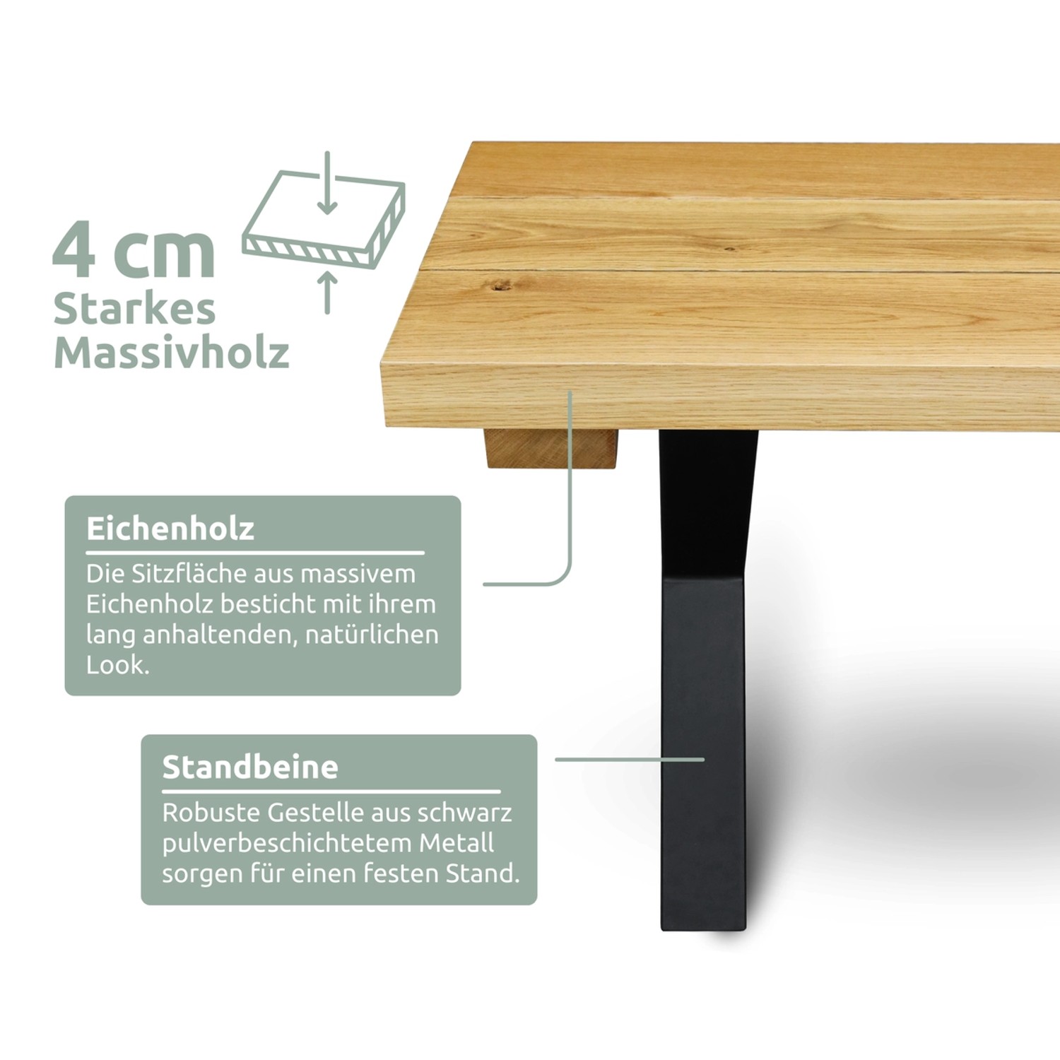 Detailansicht: Holz4home Eichenbank für Außen, 4 cm starke Eiche mit 3 Lamellen und schwarzen Metallbeinen.