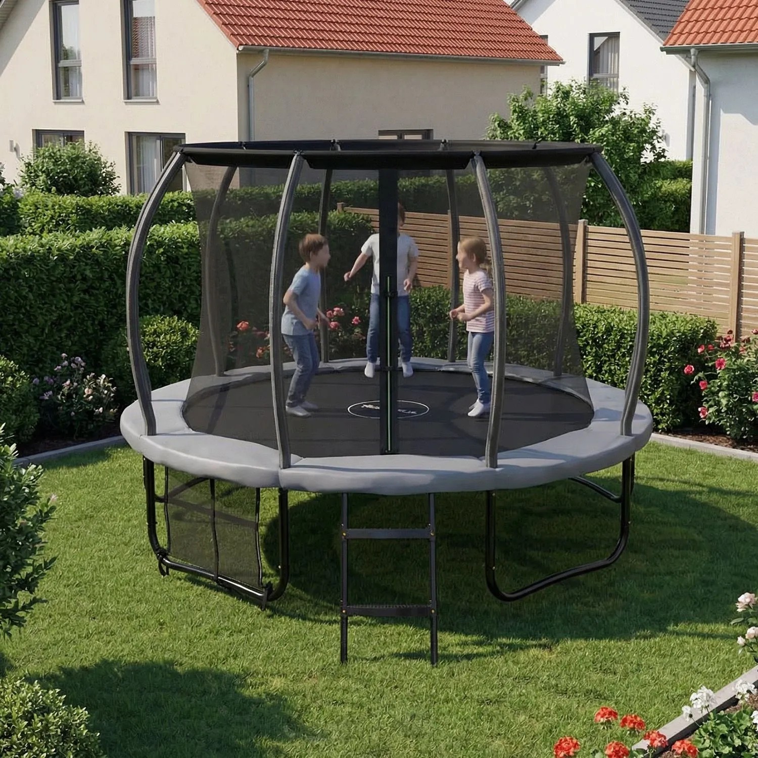 Juskys Gartentrampolin SkyBounce L, schwarz/anthrazit, mit Kindern im Garten.