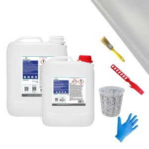 DD Composite Epoxidharz Reparaturset mit Harz, Härter, Glasfasergewebe, Mischbecher, Rührstab, Pinsel und Handschuhen.