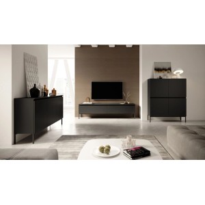 Modernes schwarzes Bemmi Möbelset im Wohnzimmer: Sideboard, TV-Board, Hochschrank mit schlanken Stahlfüßen.
