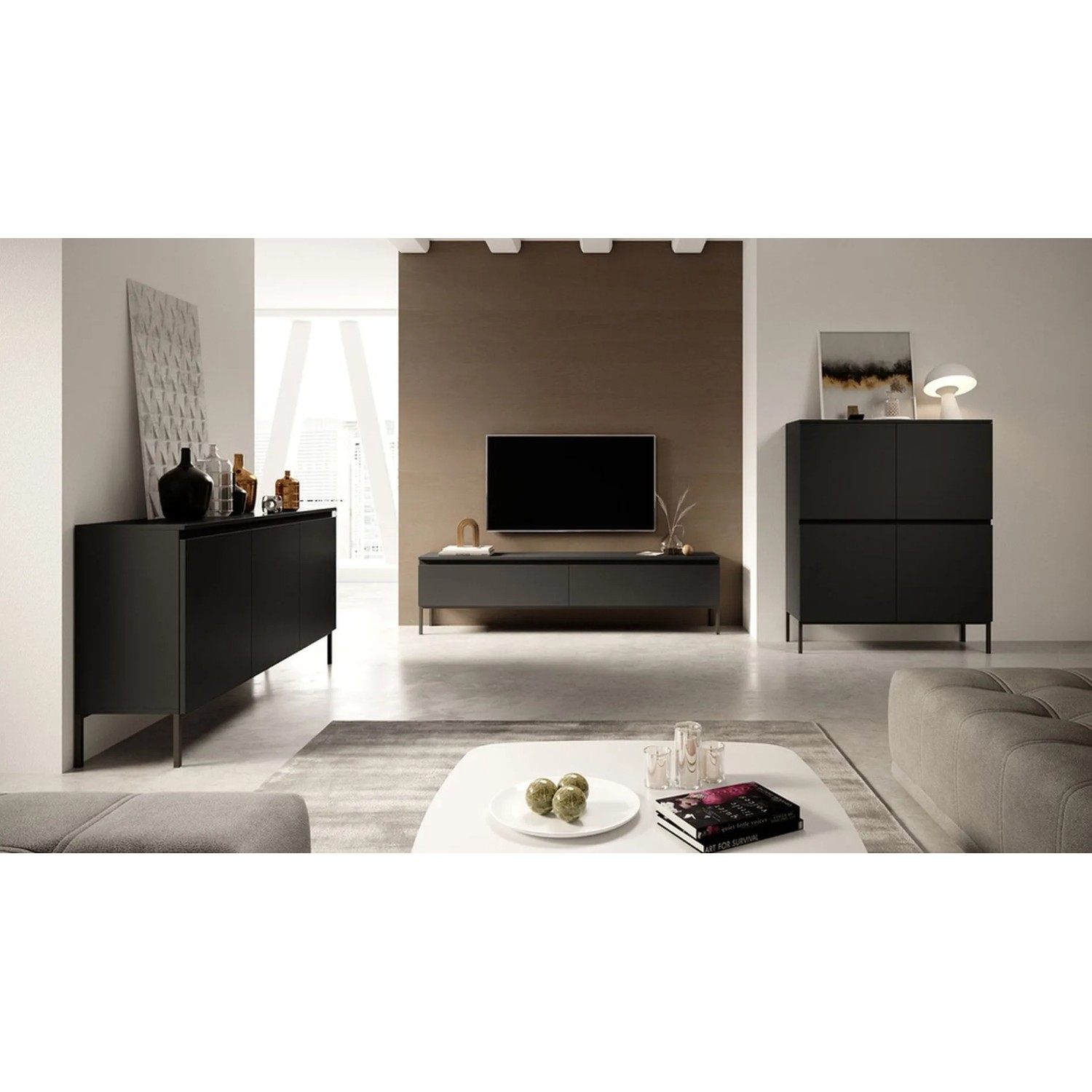 Modernes schwarzes Bemmi Möbelset im Wohnzimmer: Sideboard, TV-Board, Hochschrank mit schlanken Stahlfüßen.