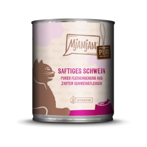 MjAMjAM Katzen-Nassfutter Saftiges Schwein pur, 800g Dose mit Katzen-Illustration.