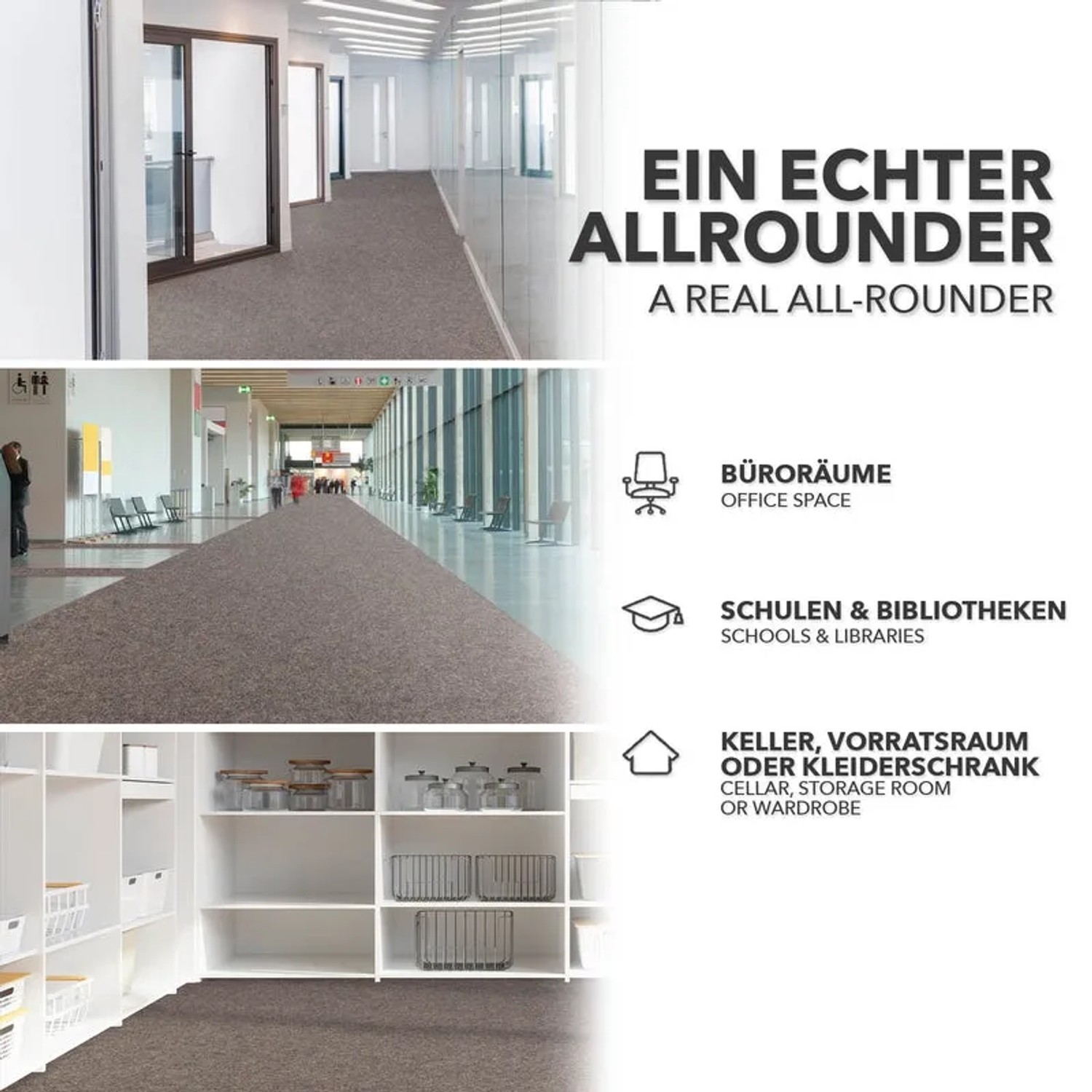 KARAT Eventteppich Turbo Kieselgrau in Büros, Schulen und Kellern.