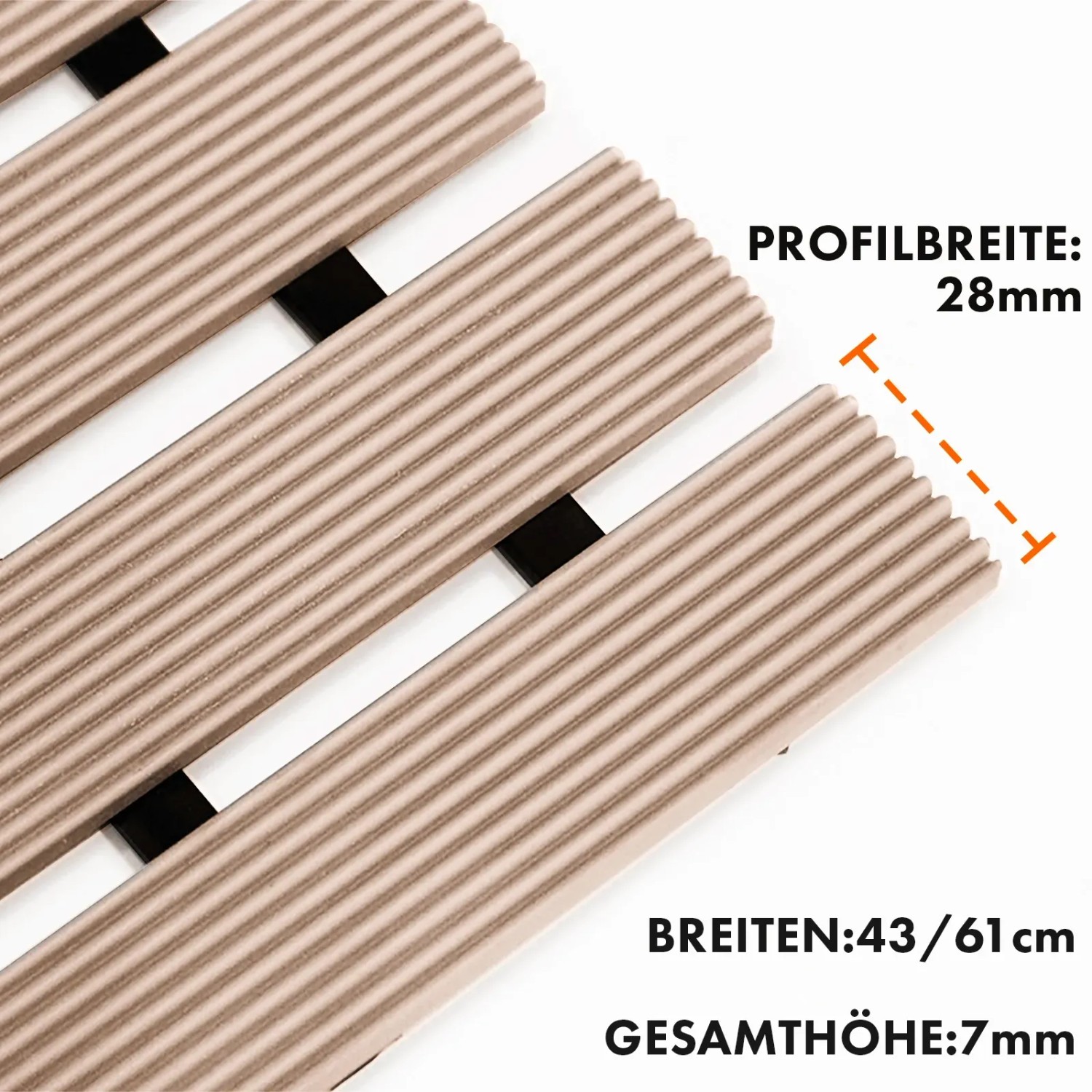 Detailaufnahme der beigen KARAT Fußmatte mit Drainagefunktion, Profilbreite 28mm.