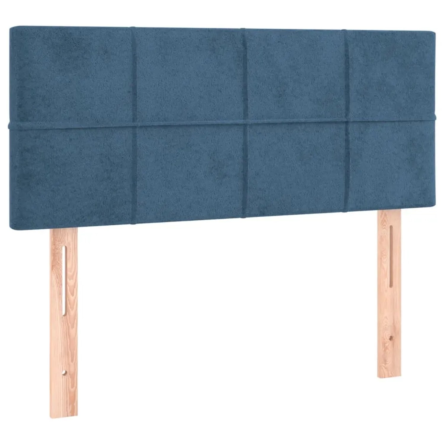 Dunkelblaues vidaXL Boxspringbett Kopfteil aus Samt, 90x200 cm. Bett mit gestepptem Kopfteil und Holzfüßen.