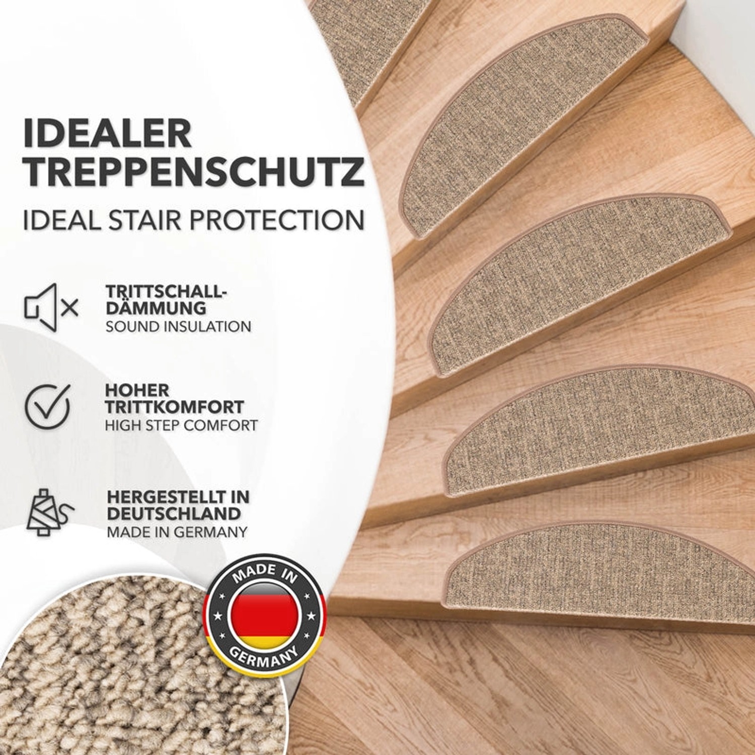 Beige, halbrunde Karat Stufenmatten Alto selbstklebend auf einer Holztreppe.
