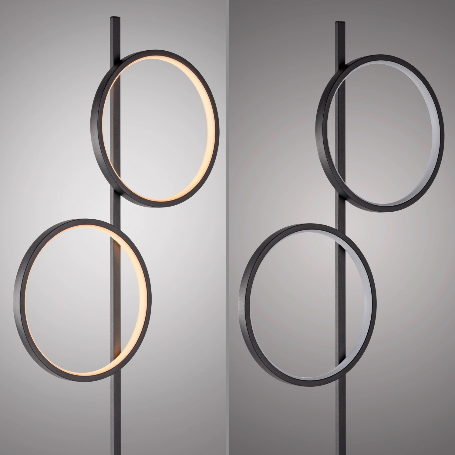 Just Light Stehleuchte Mini Ritus Schwarz mit zwei runden LED-Leuchten, warmweißes Licht.