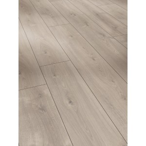 Verlegtes Parador Trendtime 6 Laminat Eiche Mistral Grau, wasserfest, 9 mm stark.
