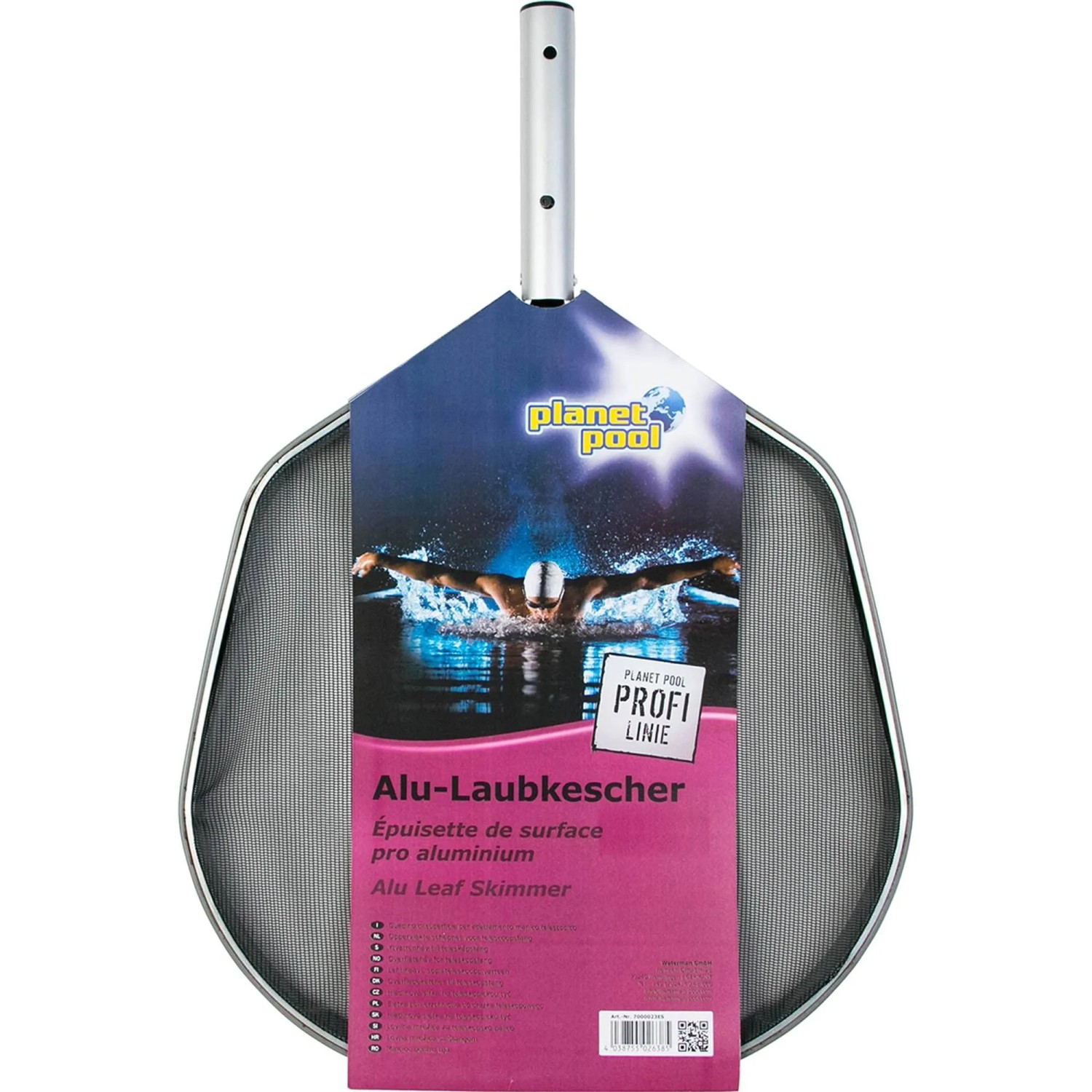 Planet Pool Oberflächenkescher Profi, silberfarbenes Netz mit Aluminiumrahmen und Griff.