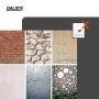 Dalsys selbstklebende Fliesen: Collage zeigt ungeeignete Untergründe (Ziegel, Stein, Gipskarton mit 'Don't') und Wasserresistenz.