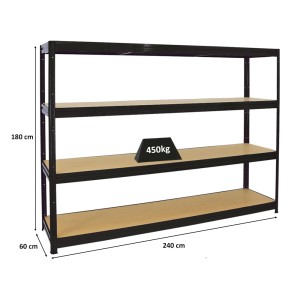 Schwarzes PROREGAL Schwerlastregal Dino mit 4 MDF-Fachböden, 180x240x60 cm, Fachlast 450kg.