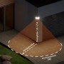 SSC-LUXon LED Außenstrahler mit Bewegungsmelder, Doppelstrahler beleuchtet Fassade, Reichweite und Erfassungsbereich sind markiert.