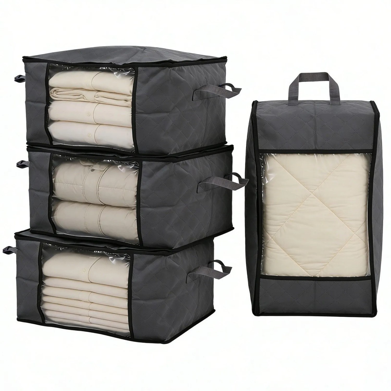 Sekey Aufbewahrungstasche Faltbar Aufbewahrungsbox mit Deckel für Bettdecken 4-tlg Kleiderschrank Organizer Reißverschluss Griffe Kleidung Bettwäsche