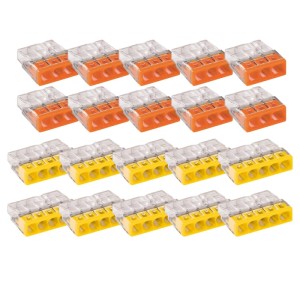 WAGO 2273 Verbindungsklemmen Set, 20-teilig. 10 orange 3-polige und 10 gelbe 5-polige Steckklemmen aus Kunststoff für Elektroinstallation.