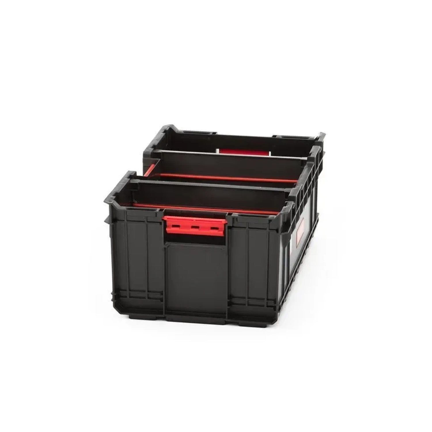 Schwarzer PROREGAL QBRICK Werkzeugkasten One mit rotem Griff, 52 Liter Volumen.