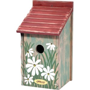 Bunter Dobar Nistkasten aus Kiefernholz mit Blumenmuster und rotem Dach, Einflugloch Ø30mm.