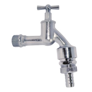 Matt verchromtes Kirchhoff Auslaufventil mit Knebelgriff, 21 mm (1/2AG) x 26,4 mm (3/4AG) x 1/2.