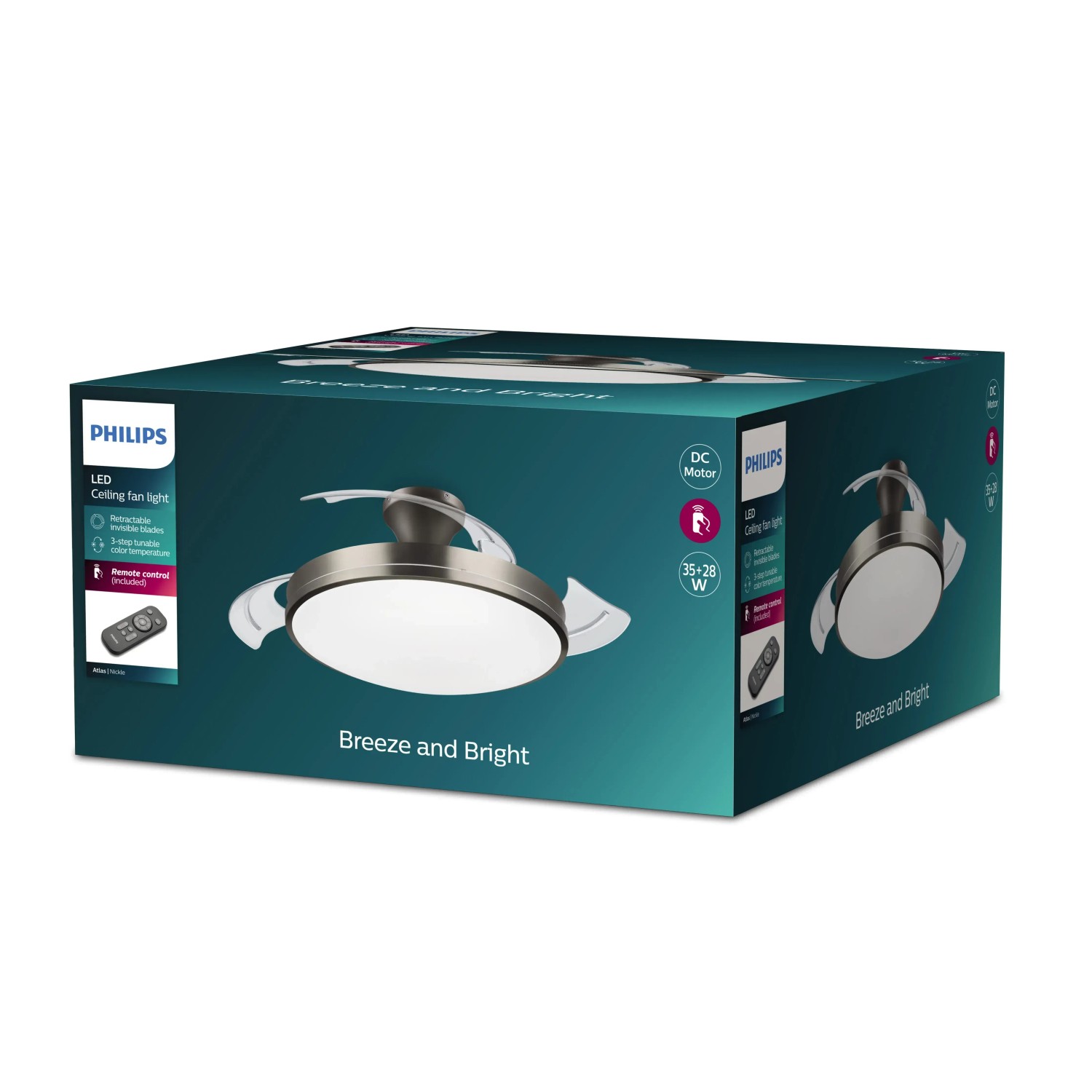 Verpackung der Philips LED DC-Deckenleuchte Atlas mit Ventilator in Nickel, Ø 106 cm.