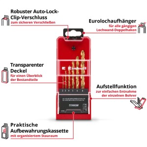 Einhell Titan-Metallbohrer-Set, 6-teilig in roter Aufbewahrungsbox mit transparentem Deckel.