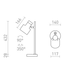 Technische Zeichnung der Rendl DIVINA Tischleuchte. Zeigt Maße und Verstellbarkeit des Lampenkopfes (90° Neigung, 350° Drehung).