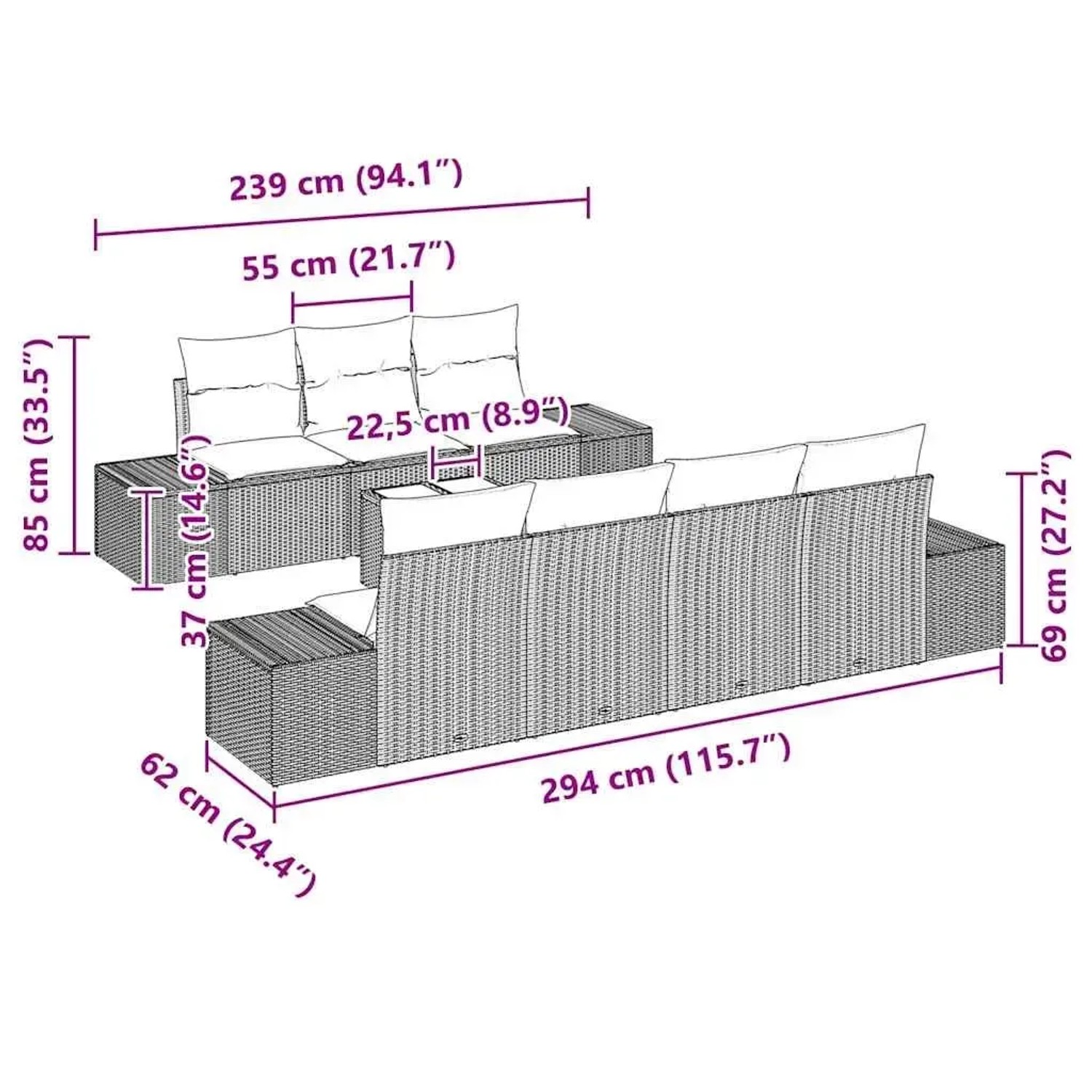 vidaXL Garten-Sofa-Set, 8-teilig, beige Poly Rattan, mit Maßangaben.