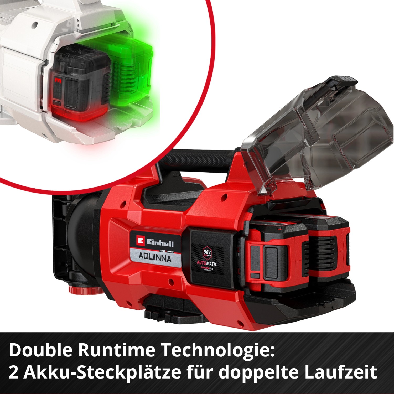 Einhell Aquinna 18/30 Akku-Wasserpumpe mit zwei Akku-Steckplätzen für Power X-Change Akkus.