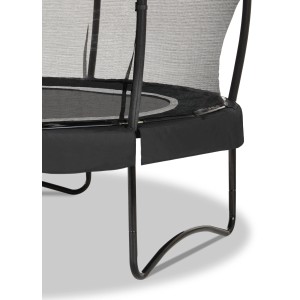 Detailaufnahme des schwarzen EXIT Allure Premium Trampolins (Ø 305 cm) mit Sicherheitsnetz und Fußschutzsystem.