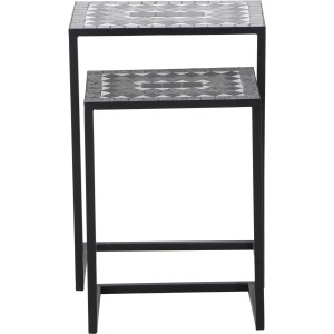 Siena Garden Beistelltisch-Set Como, 2 graue Tische mit Mosaik-Optik und schwarzem Stahlgestell.