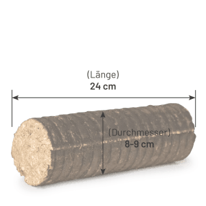 Dunkelbraunes, zylindrisches Nestro Hartholz Holzbrikett, 24 cm lang, 8-9 cm Durchmesser. Für Kamin & Ofen.