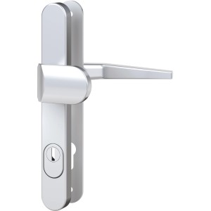 Schmalschild-Garnitur aus Edelstahl für Kunststofftüren mit Drücker, Knauf und Ziehschutz.