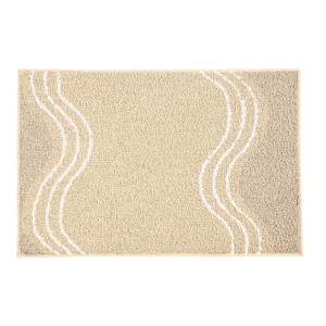 Sandbeiger Badteppich (50x60 cm) mit weißem Wellenmuster. Flauschiger Vorleger für Badezimmer.