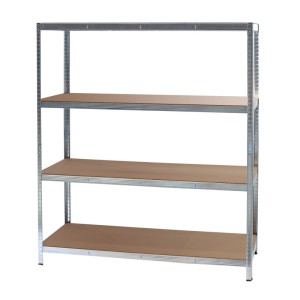 Verzinktes Schwerlastregal mit 4 braunen MDF-Ablagen, 160x60x180cm, für Keller & Werkstatt.