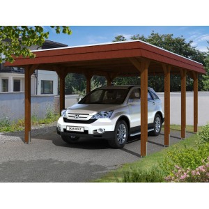 Skan Holz Carport Nussbaum mit Aluminiumdach, Auto steht darunter.