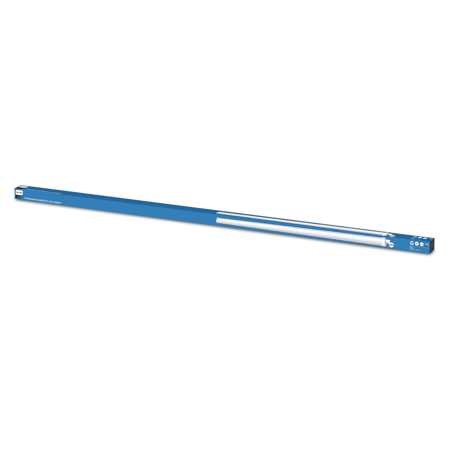 Verpackte Philips Feuchtraumleuchte Projectline, 120 cm, weiße LED Röhre in blauer Verpackung.