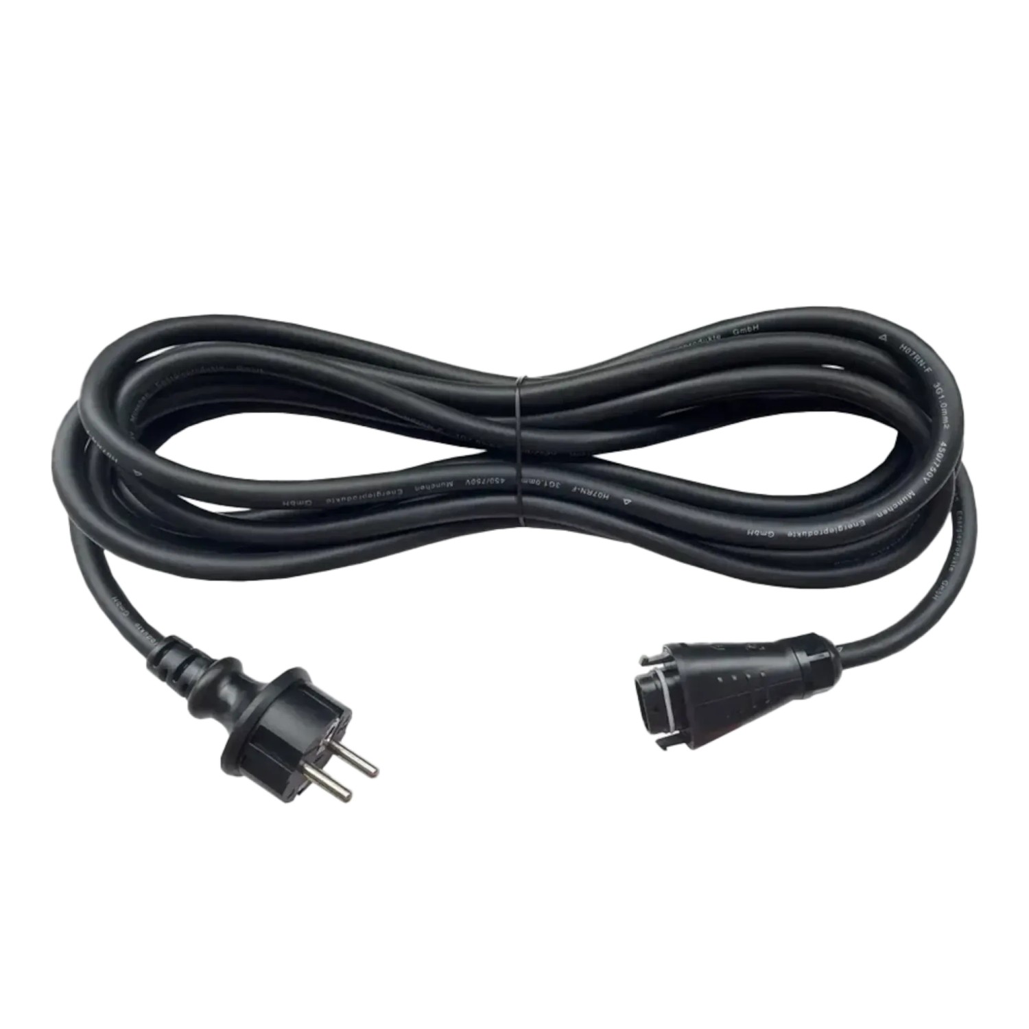 Schwarzes AC-Kabel (5 m) mit Schutzkontaktstecker für Growatt Balkonkraftwerke.