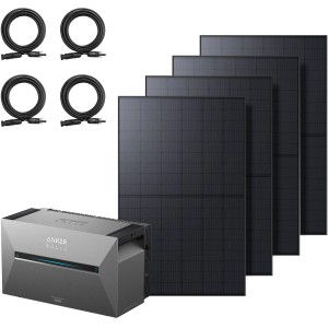 Anker Solix Solarbank mit 4 Solarpanels und Kabeln für Balkonkraftwerke.