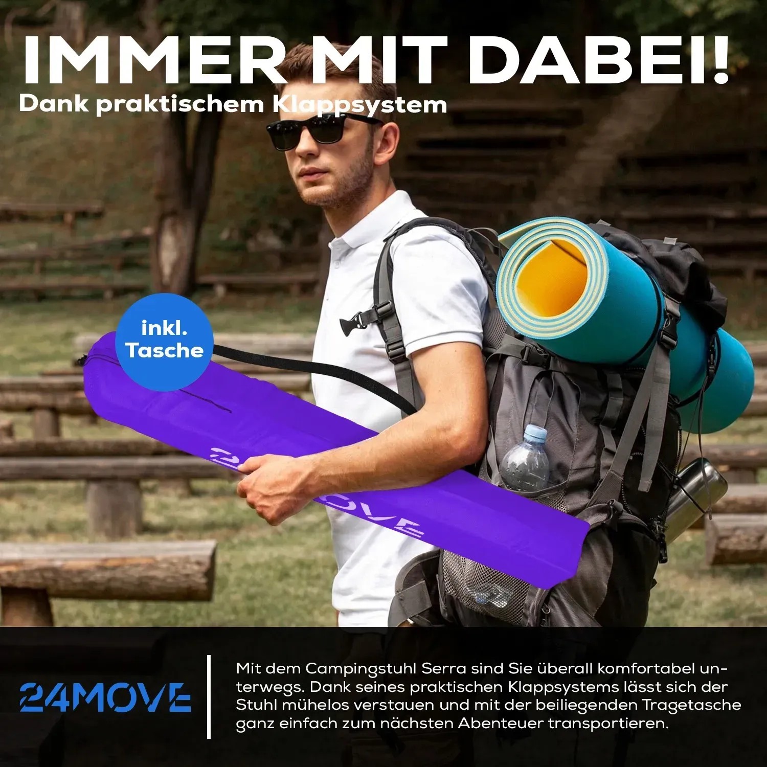 Mann mit lila 24Move Campingstuhl in Tragetasche. Faltbarer Klappstuhl für Outdoor & Camping.