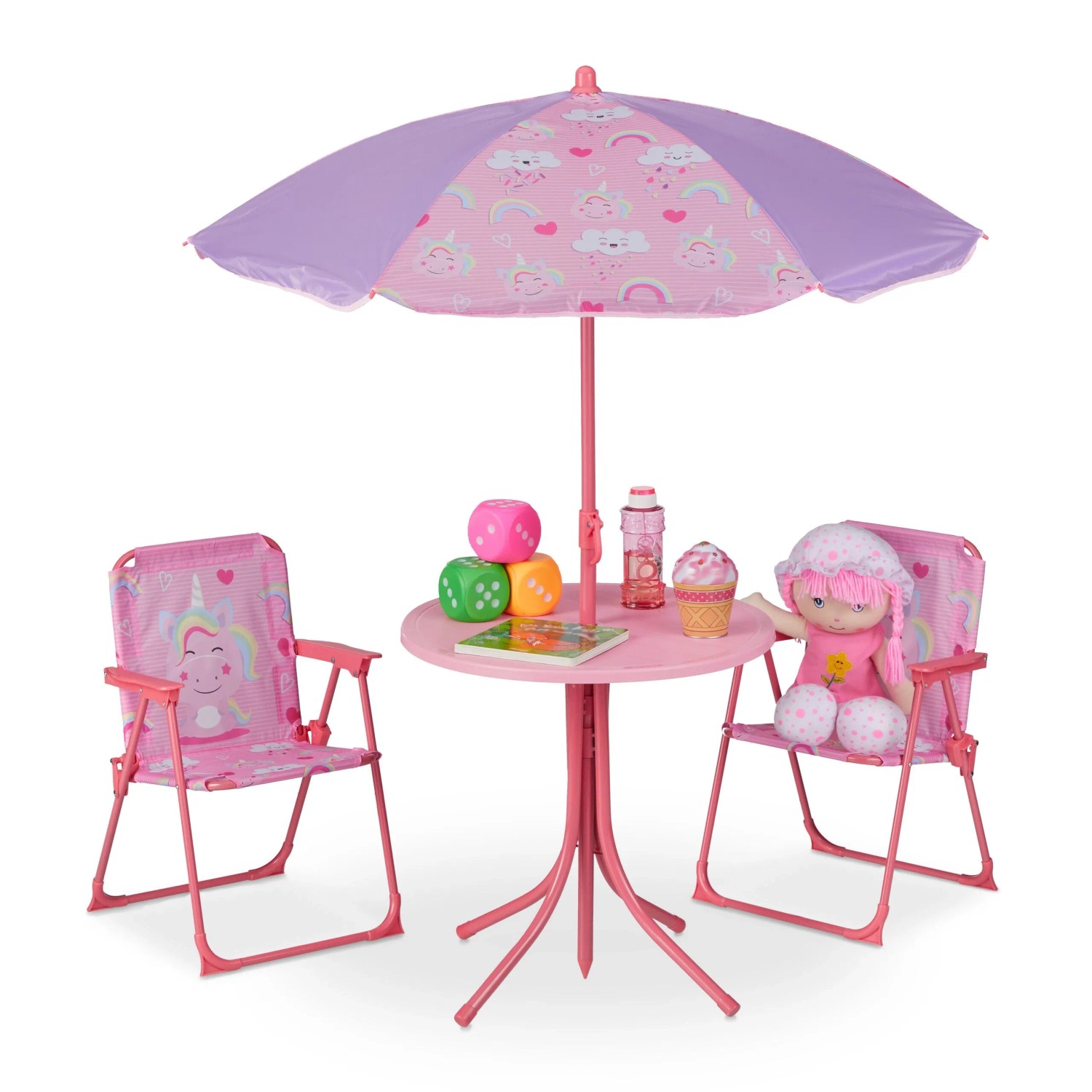 Relaxdays Kindersitzgruppe Eisen Kunststoff Polyester mit Schirm Einhorn 53 cm x 36 cm x 37,5 cm