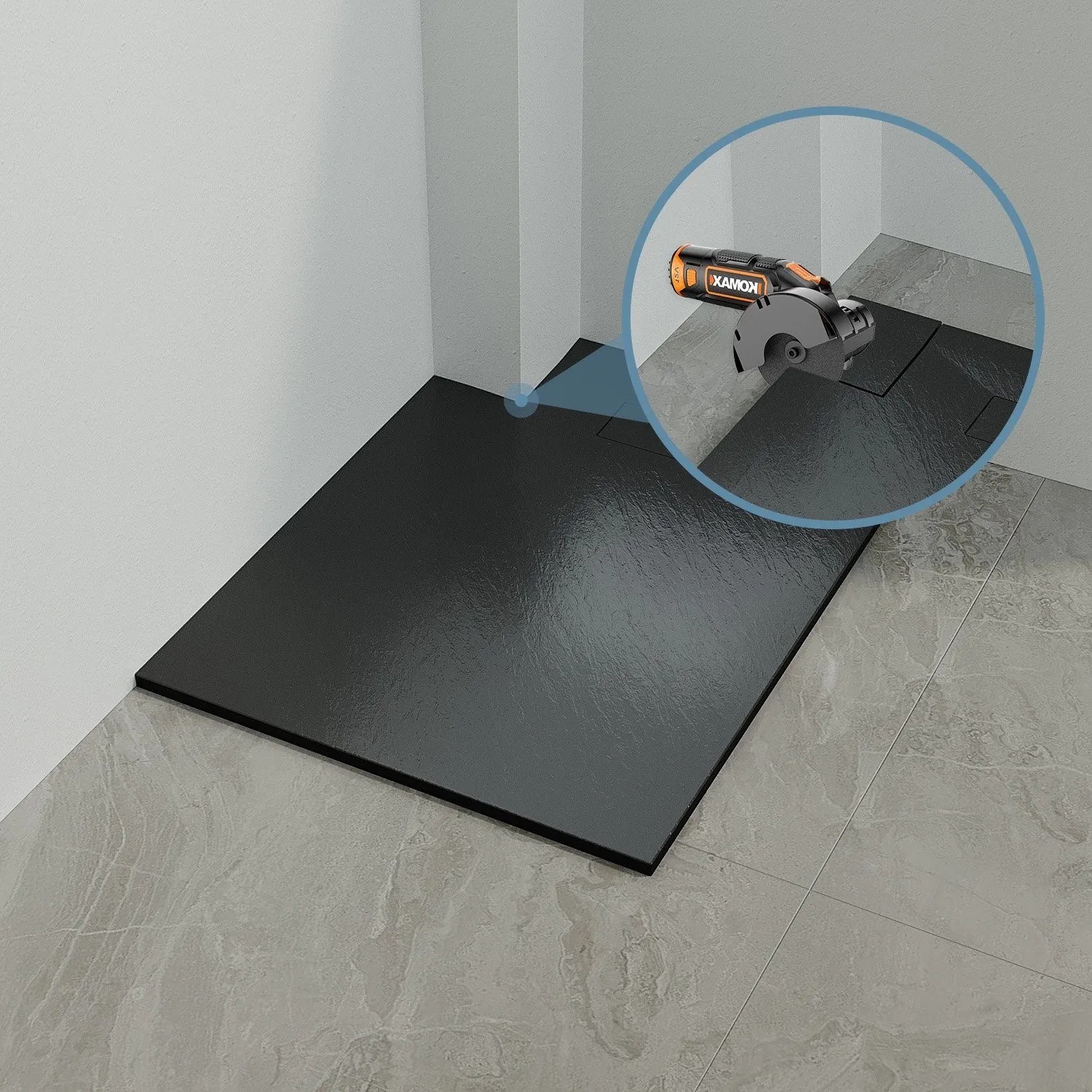 Quadratische, schwarze Aquabatos SMC Duschwanne 90x90 cm in Steinoptik mit Ablaufgarnitur.