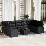 Schwarzes 10-teiliges vidaXL Garten-Sofa-Set aus Poly Rattan mit Tisch und Kissen.
