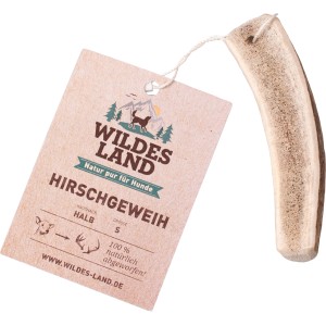 Wildes Land Hirschgeweih Halb S, naturbelassener Kausnack für Hunde zur Zahnpflege und Beschäftigung.