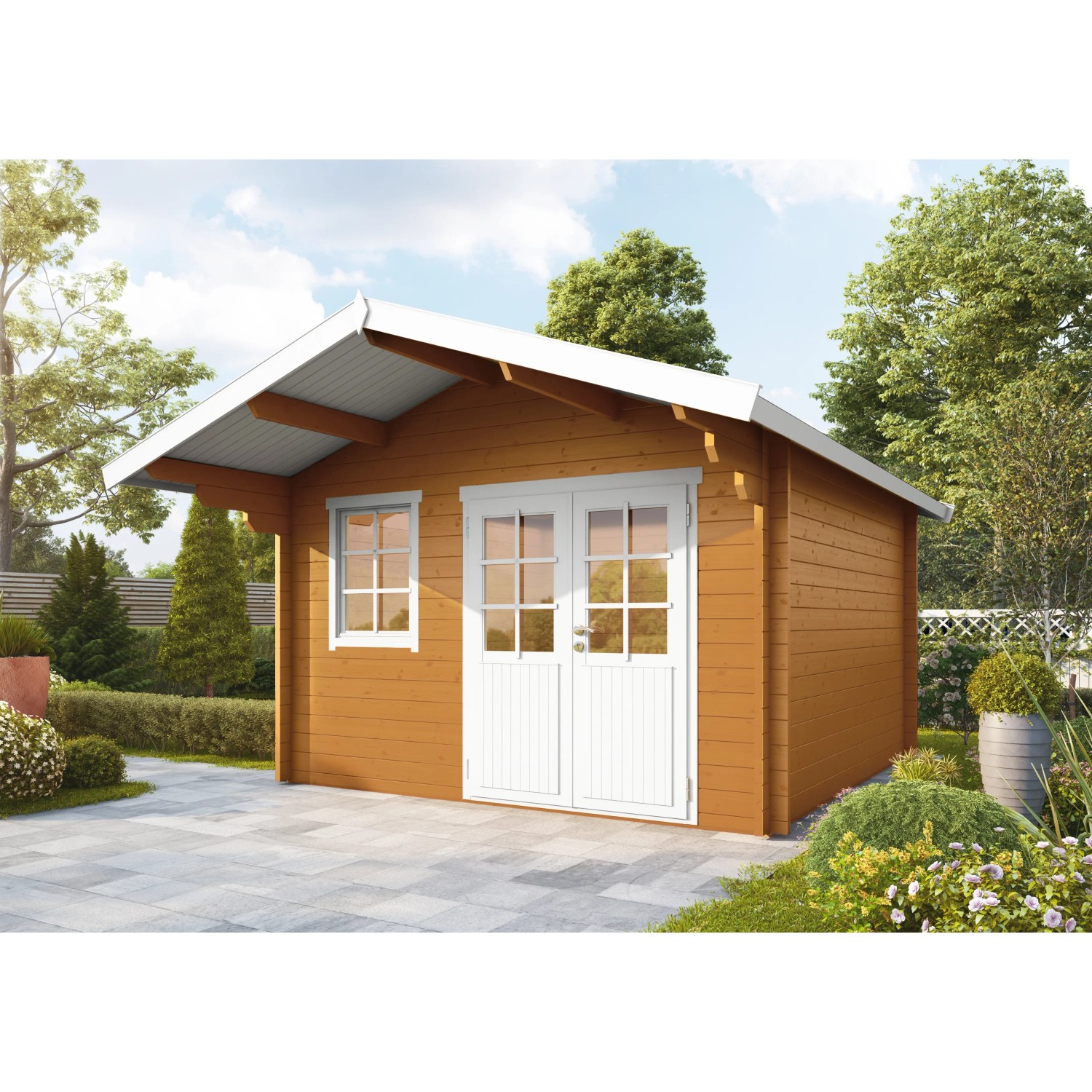 Wolff Finnhaus Holz-Gartenhaus/Gerätehaus Lisa 44-B Eiche Hell 444,6 cm x 530 cm Anbaudach