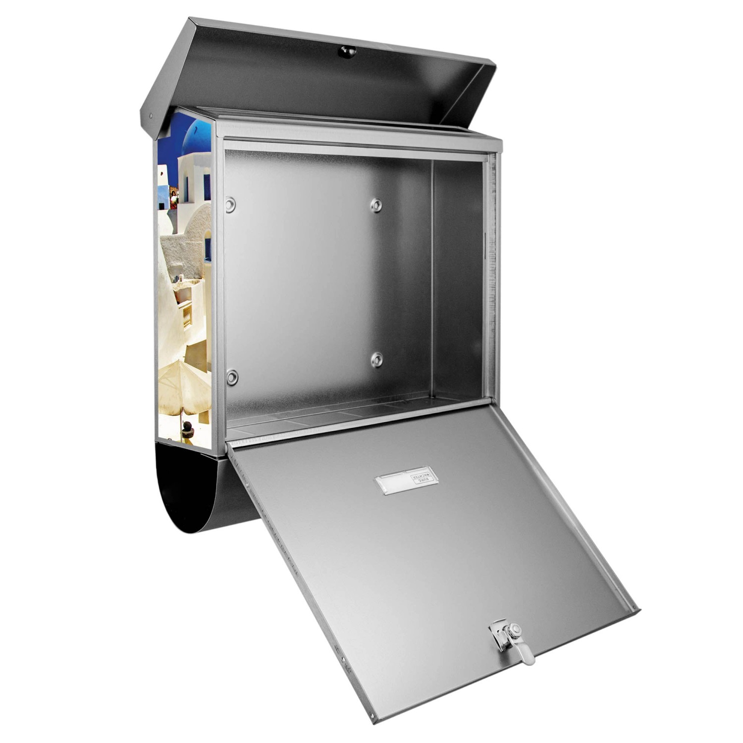 Offener Banjado Edelstahl Briefkasten mit Zeitungsfach und Griechenland Motiv.