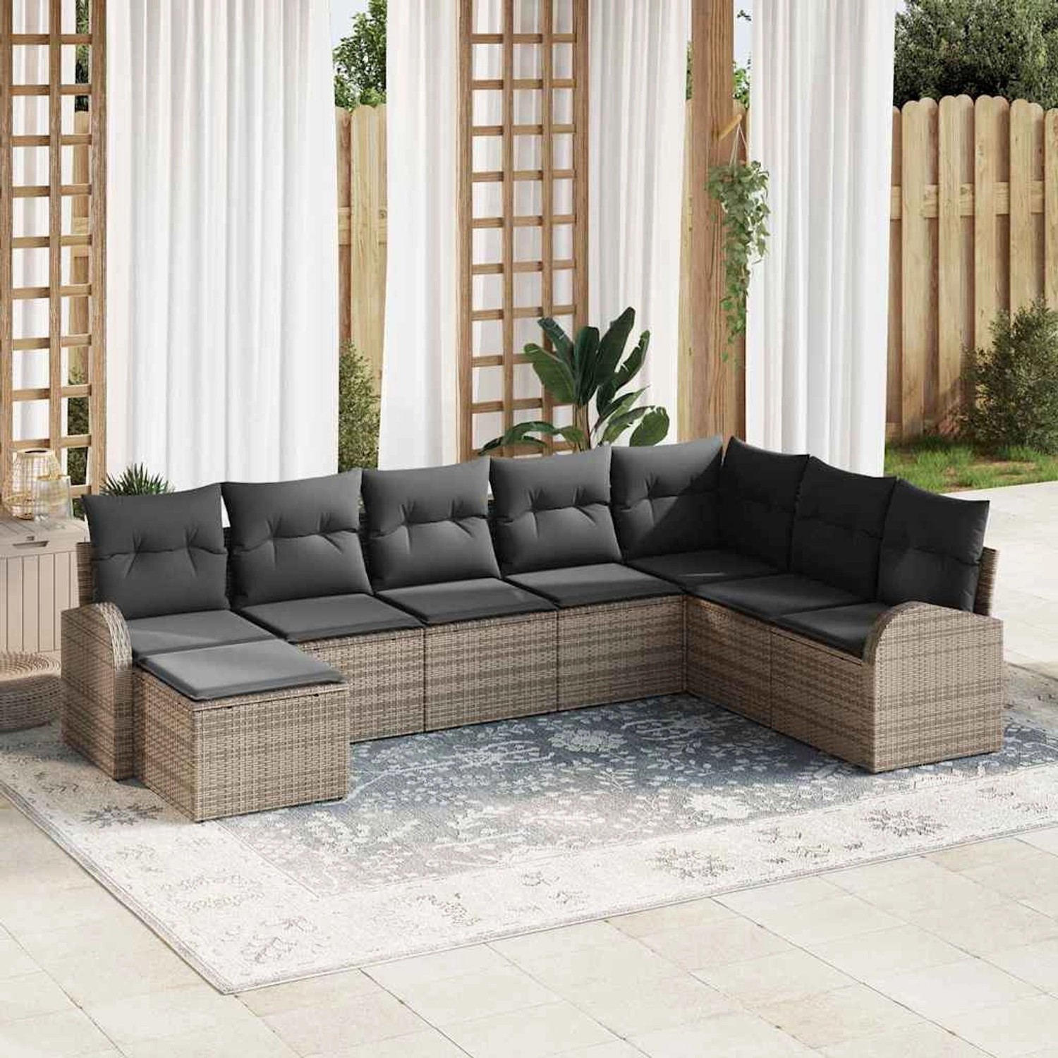 Graues 8-teiliges vidaXL Garten-Sofa-Set aus Poly Rattan mit Kissen für Terrasse und Garten.