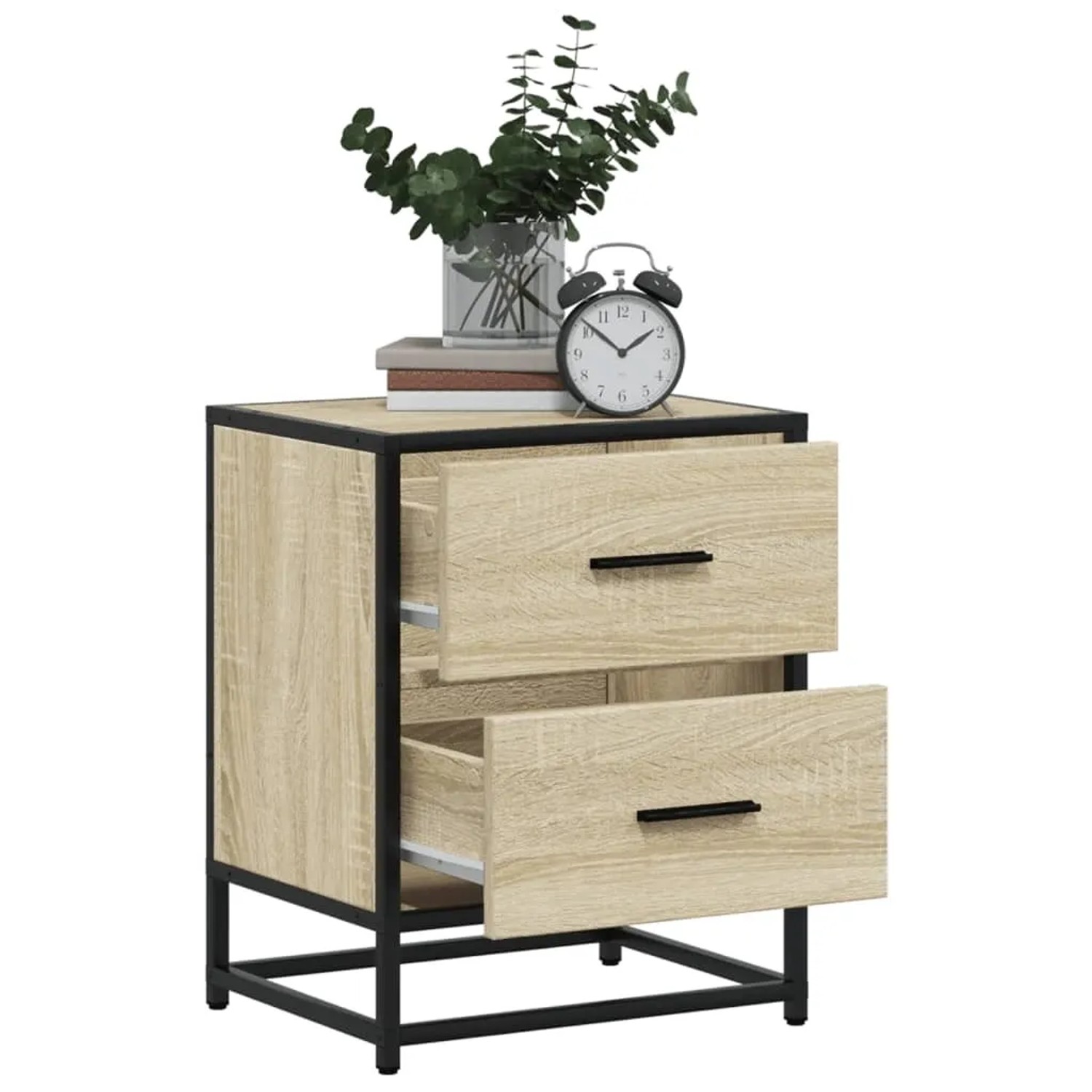 Nachttisch Sonoma-Eiche 40x31x50 cm aus Holzwerkstoff mit 2 offenen Schubladen, schwarzer Stahlrahmen.