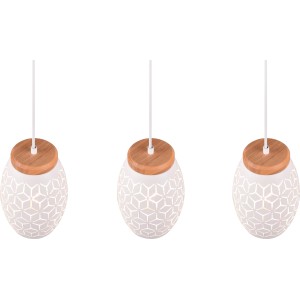 Dreiflammige, weiße Reality Pendelleuchte Bidar mit Holzdetails für gemütliches Licht.