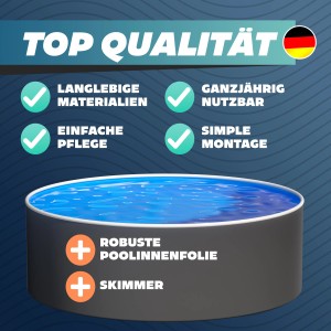 Poolomio Stahlwandpool Set 460x120 cm: Graphite Pool mit Folie, Skimmer und Düse.
