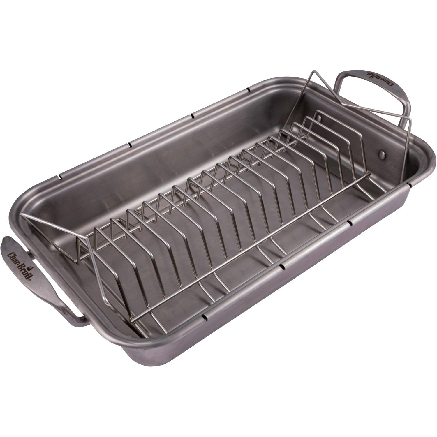 Char-Broil GRILL+ Multifunktionsaufsatz aus Edelstahl mit Bratschale und Halterung.